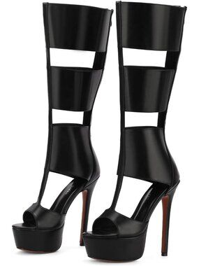 Women's Black Knee High Heels Gladiator Open Toe Summer Boots Black Heels Sandal
